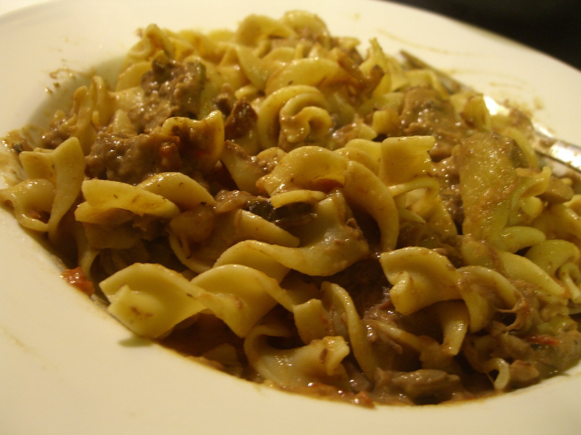 Beef stroganoff tossed with egg noodles on a white plate